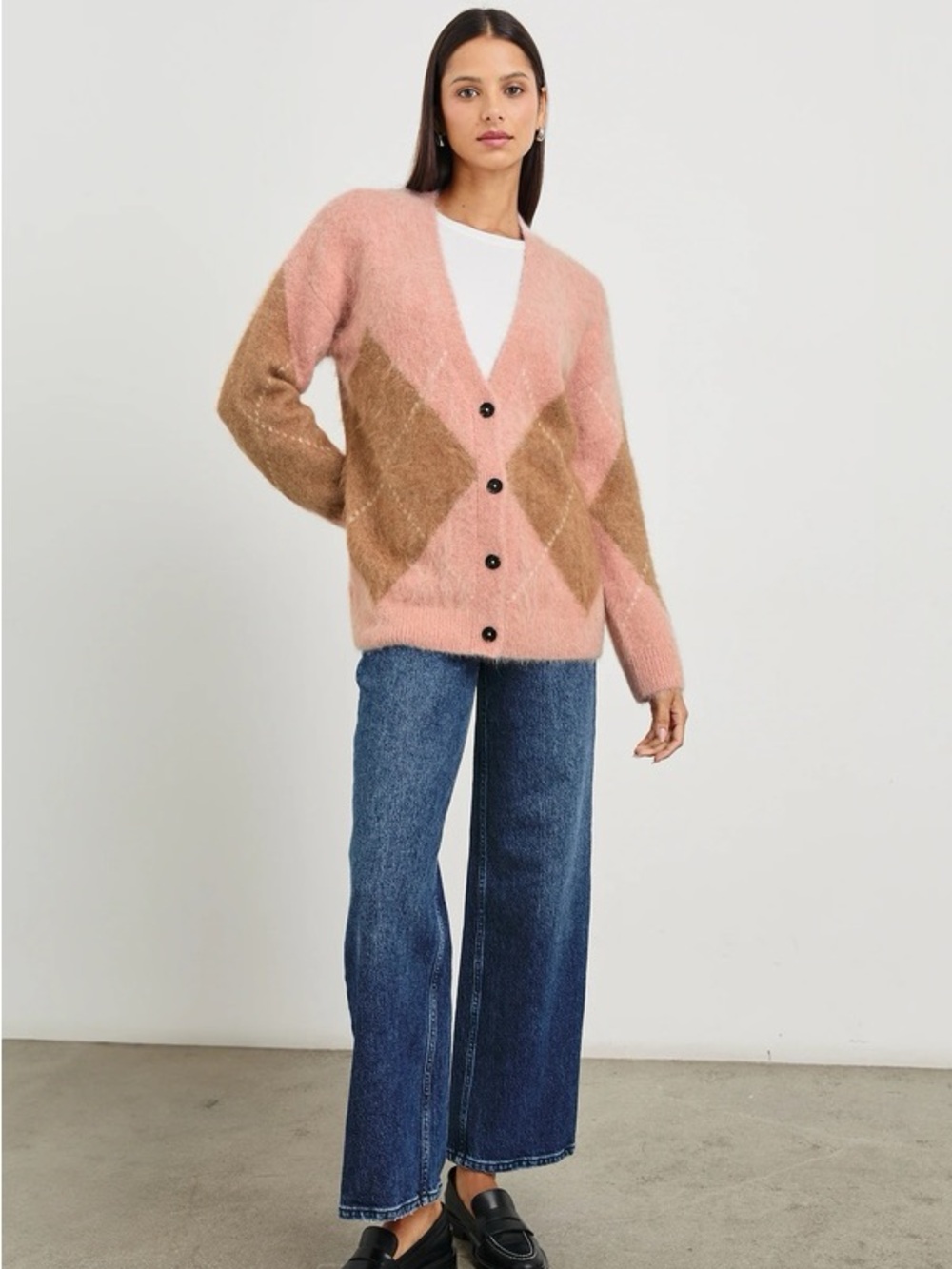 Rails Runi Cardigan‎ Women’s Medium Pink Pastel Argyle Alpaca Blend Button Front